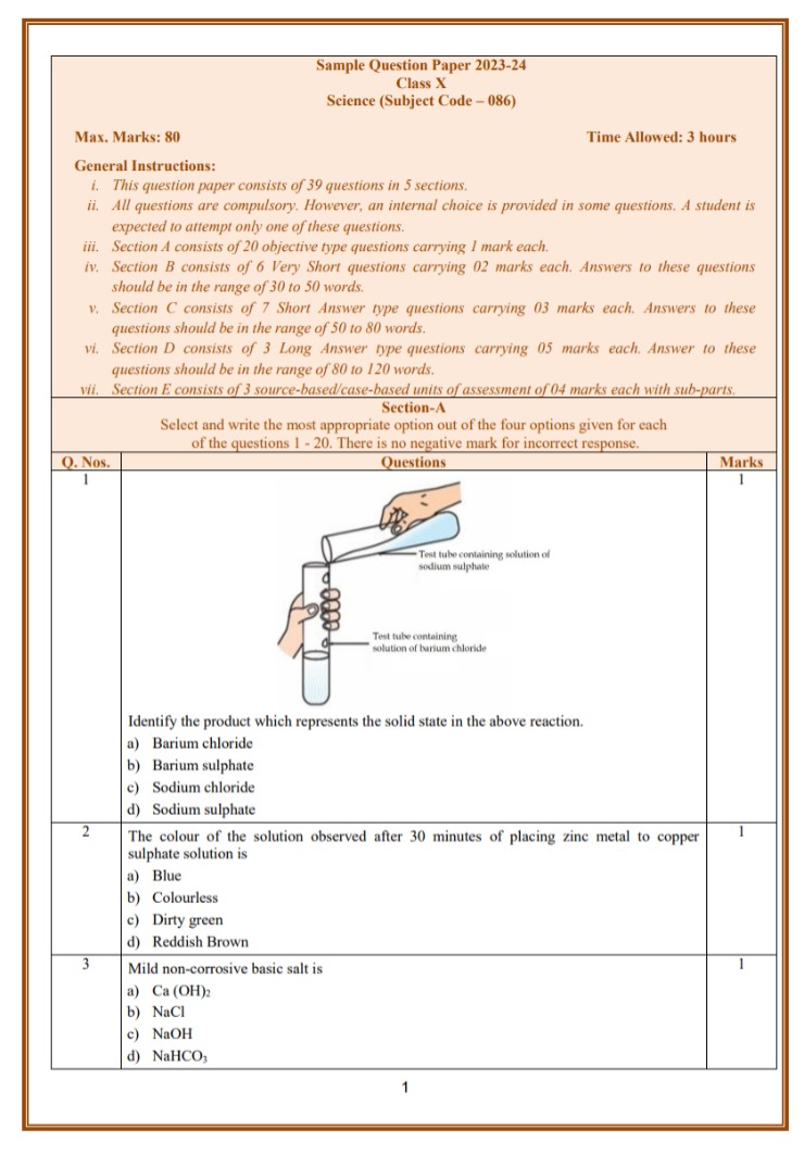 CBSE Class 10 Science Sample Paper 2023-24